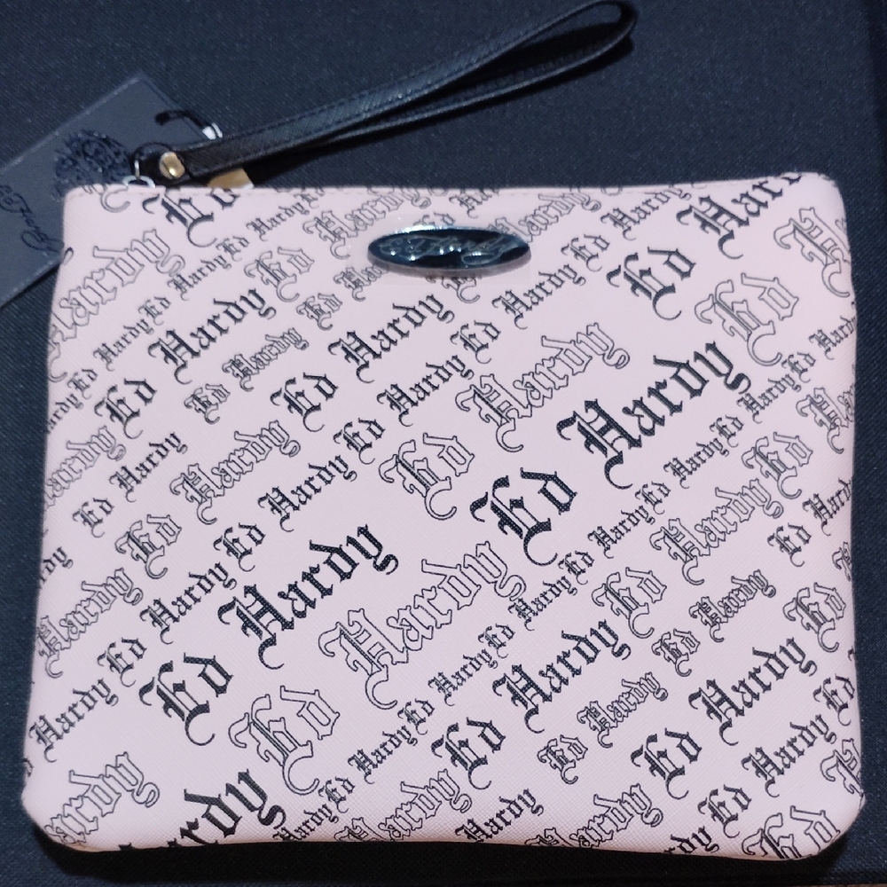 Ed Hardy Black and Pink Logo Wristlet
